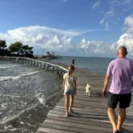 Heiner, zwei Kinder und ein heller Hund spazieren über den gewundenen Holzsteg aufs Meer hinaus