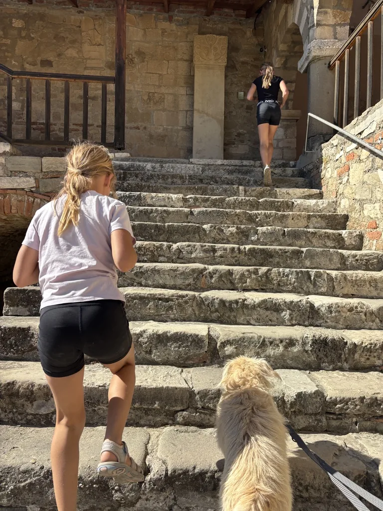 Die Mädchen und der Hund steigen eine alte Steintreppe im Kloster von Apollonia hinauf